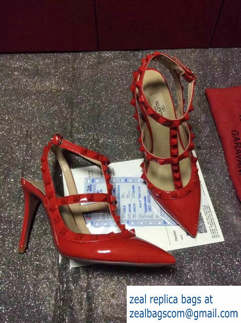 VALENTINO ROCKSTUD ANKLE STRAP PATENT PUMP 9.5CM all red