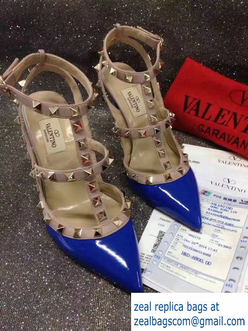 VALENTINO ROCKSTUD ANKLE STRAP PATENT PUMP 9.5CM blue - Click Image to Close