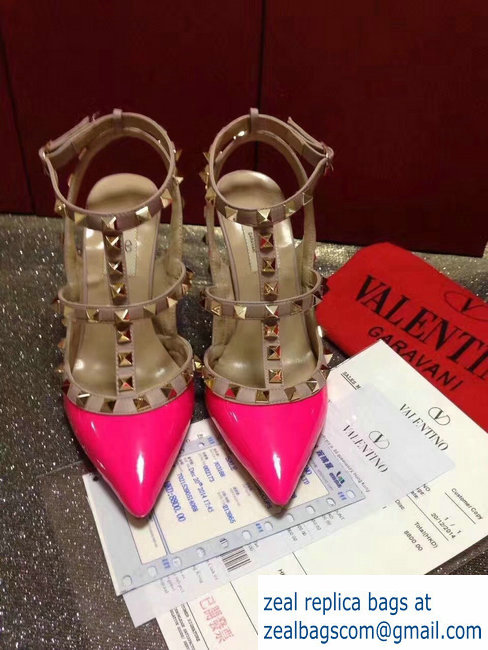 VALENTINO ROCKSTUD ANKLE STRAP PATENT PUMP 9.5CM dark pink