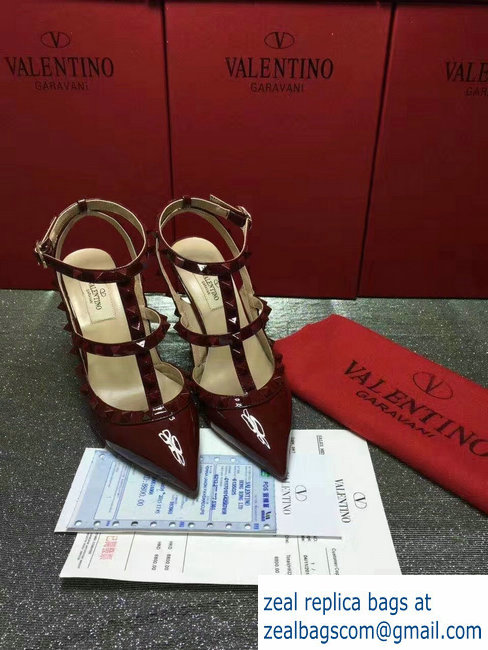 VALENTINO ROCKSTUD ANKLE STRAP PATENT PUMP 9.5CM dark red