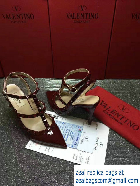 VALENTINO ROCKSTUD ANKLE STRAP PATENT PUMP 9.5CM dark red