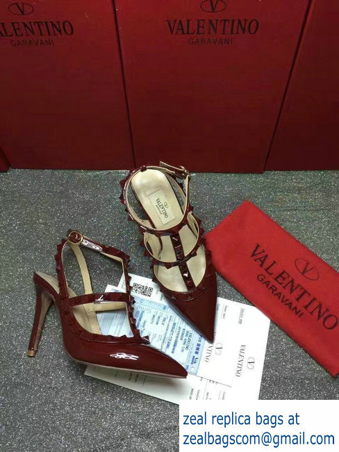 VALENTINO ROCKSTUD ANKLE STRAP PATENT PUMP 9.5CM dark red