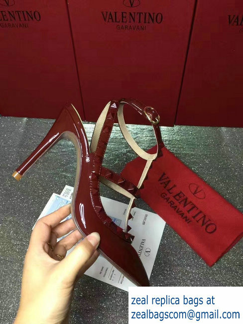 VALENTINO ROCKSTUD ANKLE STRAP PATENT PUMP 9.5CM dark red