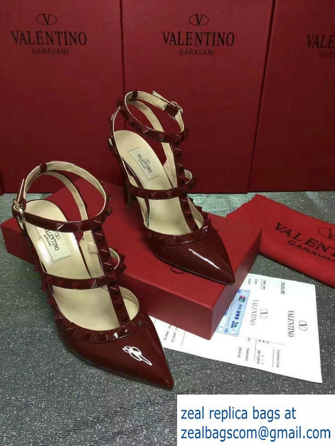 VALENTINO ROCKSTUD ANKLE STRAP PATENT PUMP 9.5CM dark red