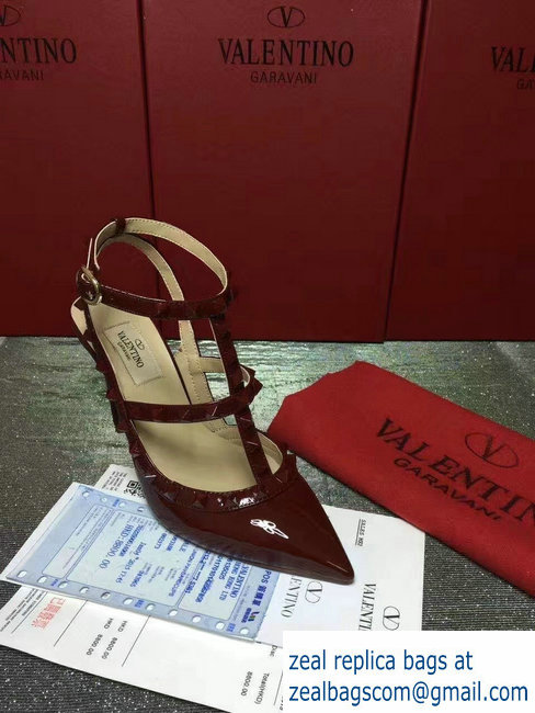 VALENTINO ROCKSTUD ANKLE STRAP PATENT PUMP 9.5CM dark red