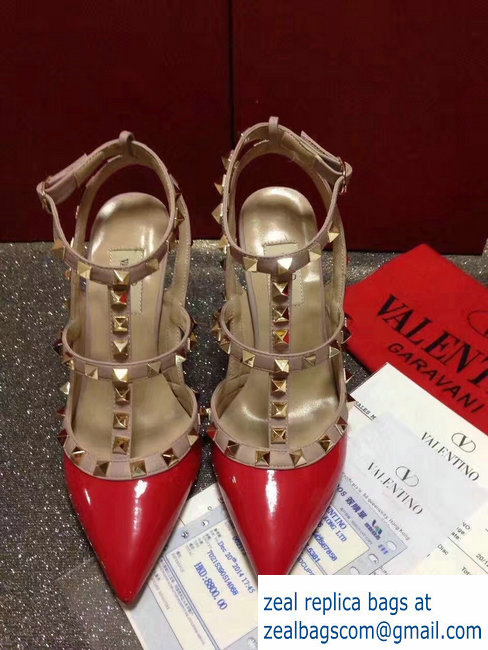 VALENTINO ROCKSTUD ANKLE STRAP PATENT PUMP 9.5CM red