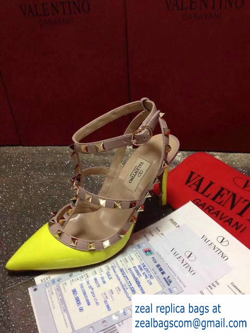 VALENTINO ROCKSTUD ANKLE STRAP PATENT PUMP 9.5CM yellow - Click Image to Close