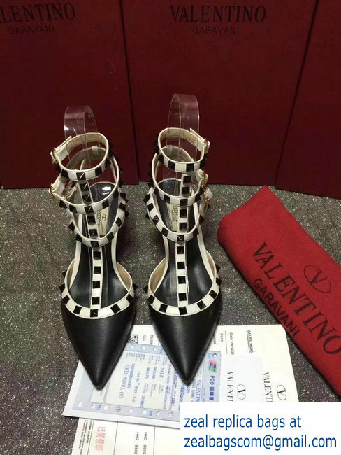 VALENTINO ROCKSTUD ANKLE STRAP SHEEPSKIN PUMP 6.5CM Black White