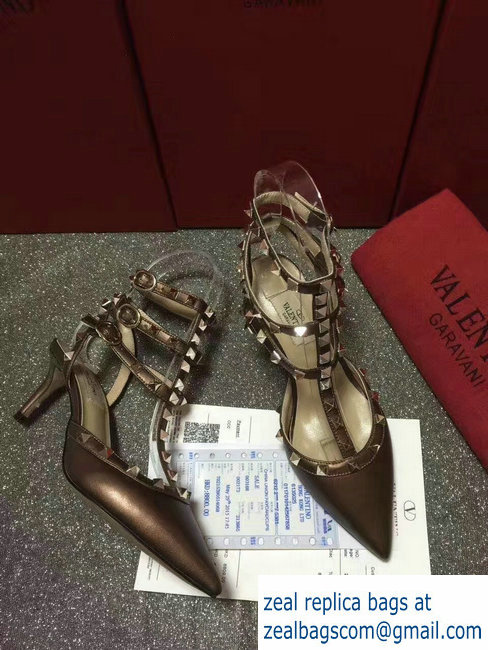 VALENTINO ROCKSTUD ANKLE STRAP SHEEPSKIN PUMP 6.5CM COFFE