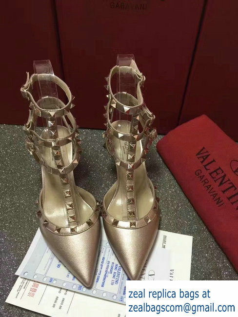 VALENTINO ROCKSTUD ANKLE STRAP SHEEPSKIN PUMP 6.5CM GOLD