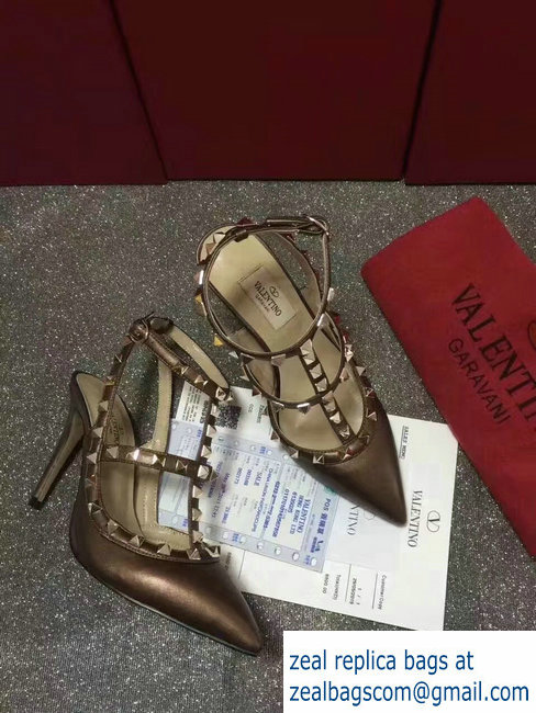 VALENTINO ROCKSTUD ANKLE STRAP SHEEPSKIN PUMP 9.5CM Coffe - Click Image to Close