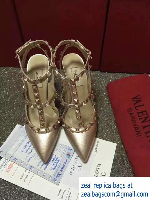 VALENTINO ROCKSTUD ANKLE STRAP SHEEPSKIN PUMP 9.5CM Gold