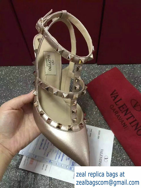 VALENTINO ROCKSTUD ANKLE STRAP SHEEPSKIN PUMP 9.5CM Gold - Click Image to Close