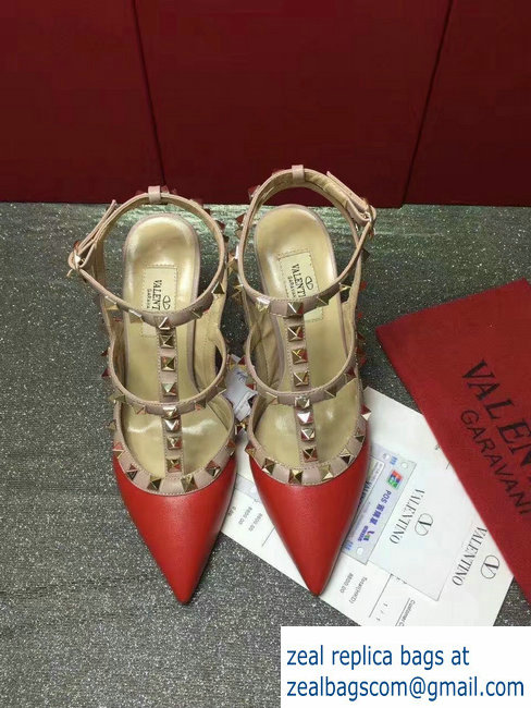 VALENTINO ROCKSTUD ANKLE STRAP SHEEPSKIN PUMP 9.5CM Red - Click Image to Close