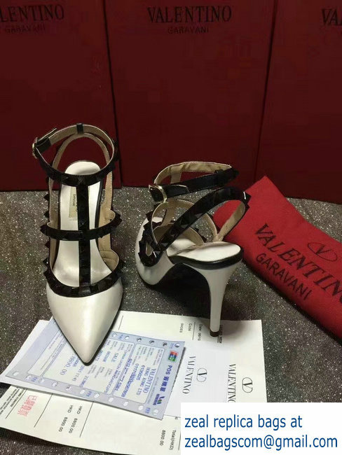 VALENTINO ROCKSTUD ANKLE STRAP SHEEPSKIN PUMP 9.5CM White black