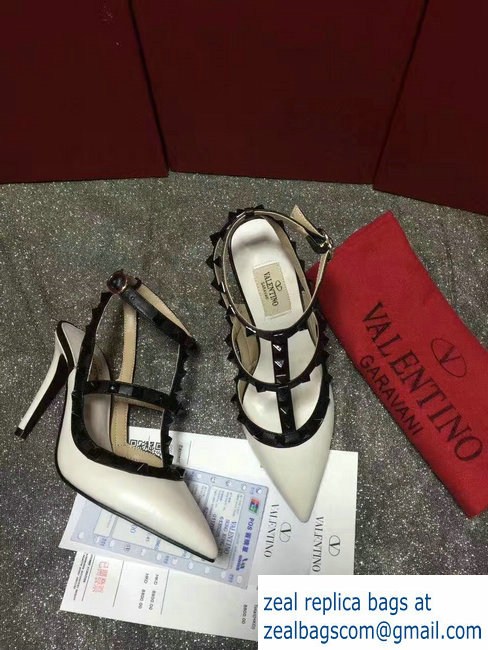 VALENTINO ROCKSTUD ANKLE STRAP SHEEPSKIN PUMP 9.5CM White black