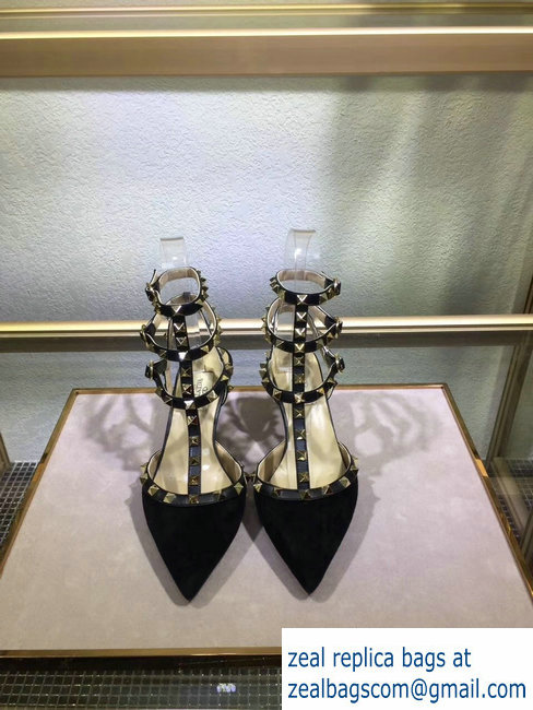 VALENTINO ROCKSTUD ANKLE STRAP SUEDE PUMP 6.5CM black