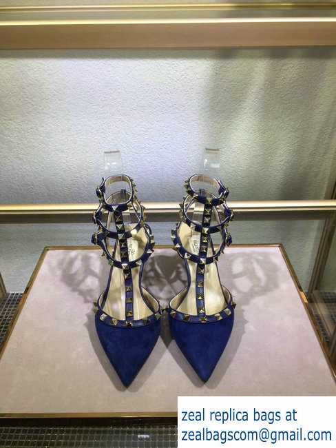 VALENTINO ROCKSTUD ANKLE STRAP SUEDE PUMP 6.5CM blue