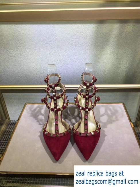 VALENTINO ROCKSTUD ANKLE STRAP SUEDE PUMP 6.5CM red - Click Image to Close