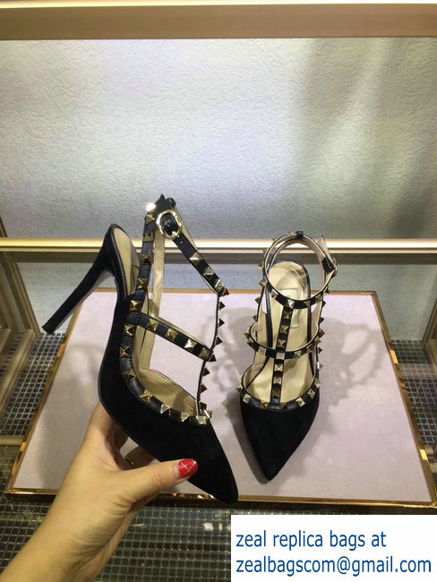 VALENTINO ROCKSTUD ANKLE STRAP SUEDE PUMP 9.5CM black