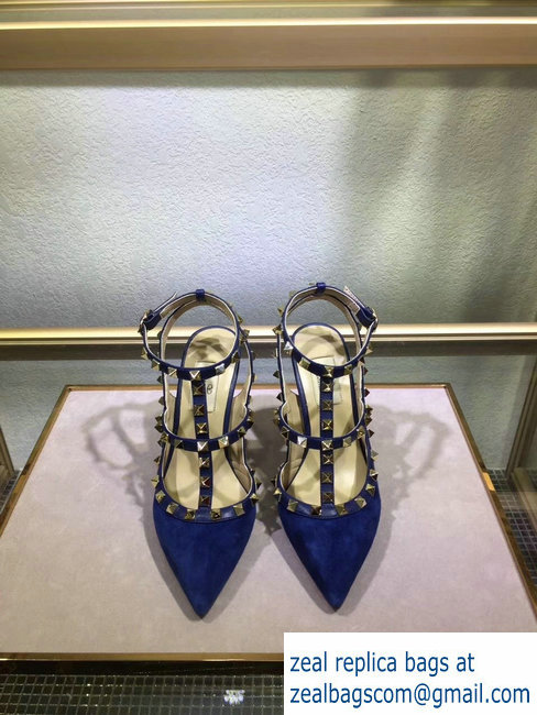 VALENTINO ROCKSTUD ANKLE STRAP SUEDE PUMP 9.5CM blue - Click Image to Close