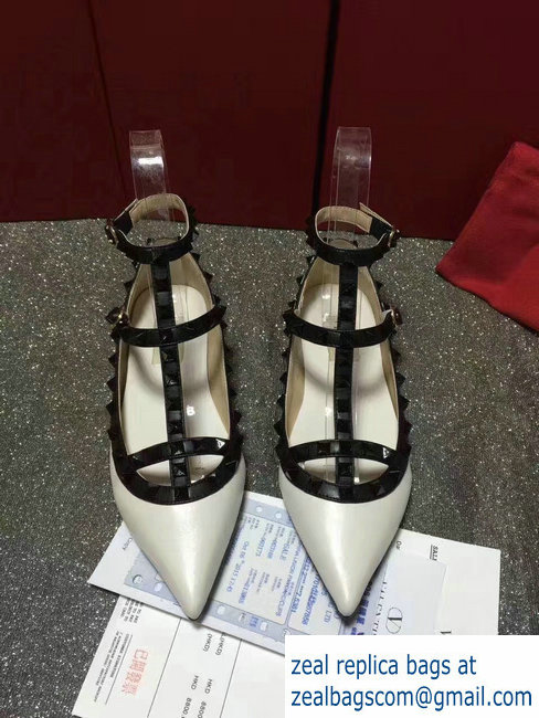 VALENTINO SHEEPSKIN CAGE ROCKSTUD BALLET FLAT White Black
