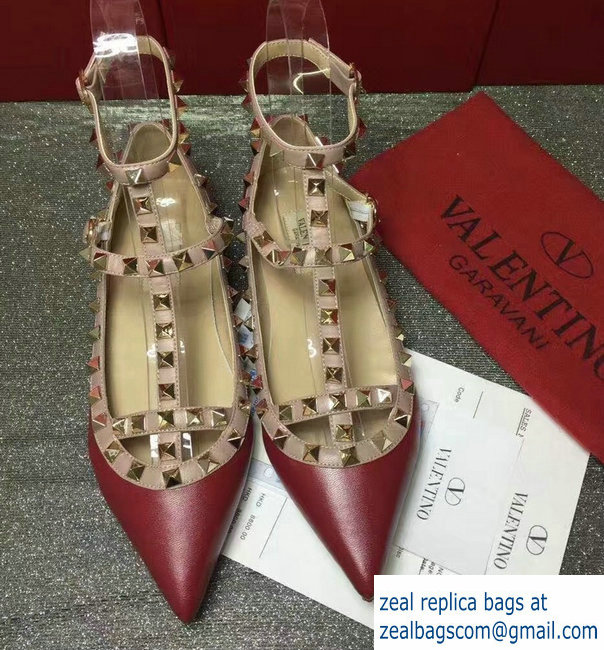 VALENTINO SHEEPSKIN CAGE ROCKSTUD BALLET FLAT dark red