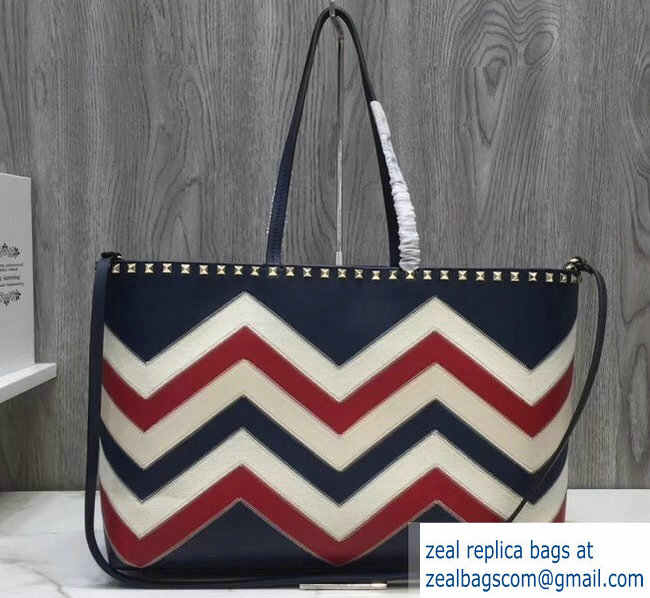 Valentino Chevron Motif Rockstud Small Shopper Tote Bag Blue 2019 - Click Image to Close