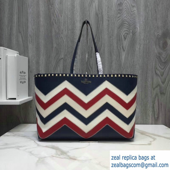 Valentino Chevron Motif Rockstud Small Shopper Tote Bag Blue 2019 - Click Image to Close