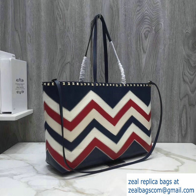 Valentino Chevron Motif Rockstud Small Shopper Tote Bag Blue 2019 - Click Image to Close