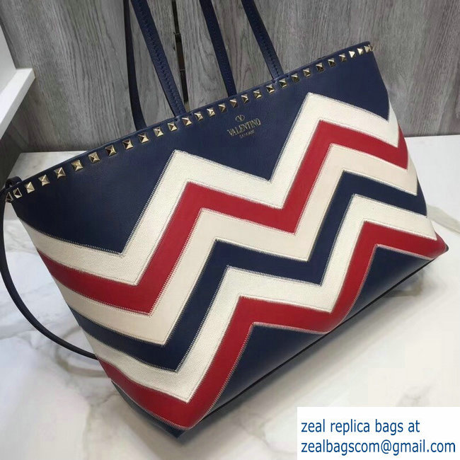 Valentino Chevron Motif Rockstud Small Shopper Tote Bag Blue 2019 - Click Image to Close