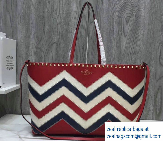 Valentino Chevron Motif Rockstud Small Shopper Tote Bag Red 2019 - Click Image to Close