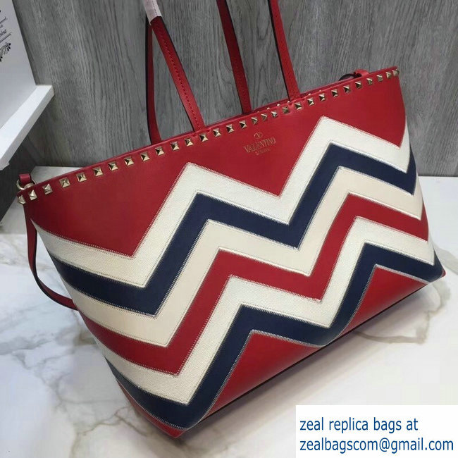 Valentino Chevron Motif Rockstud Small Shopper Tote Bag Red 2019