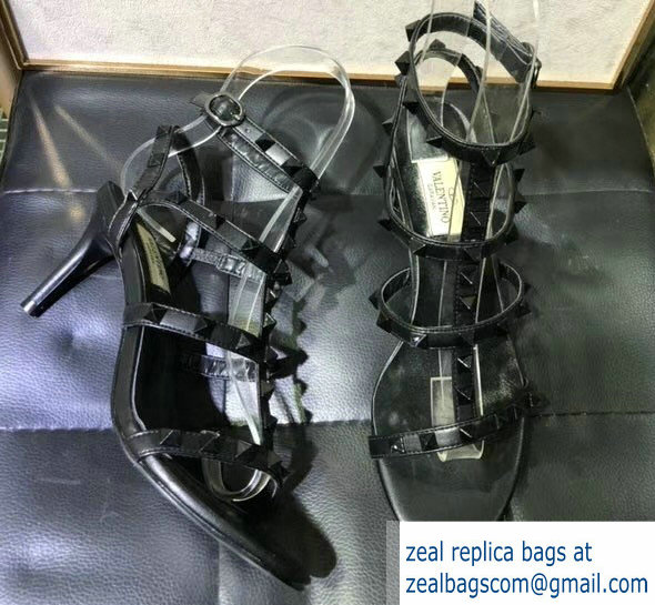 Valentino Heel 6.5cm Cage Rockstud Sandals All Over Black 2019 - Click Image to Close