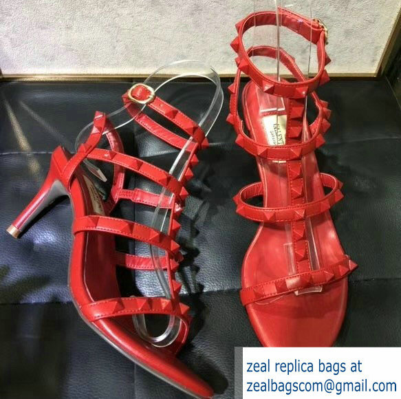 Valentino Heel 6.5cm Cage Rockstud Sandals All Over Red 2019