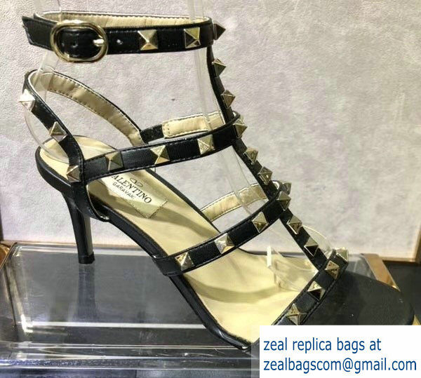 Valentino Heel 6.5cm Cage Rockstud Sandals Black 2019 - Click Image to Close