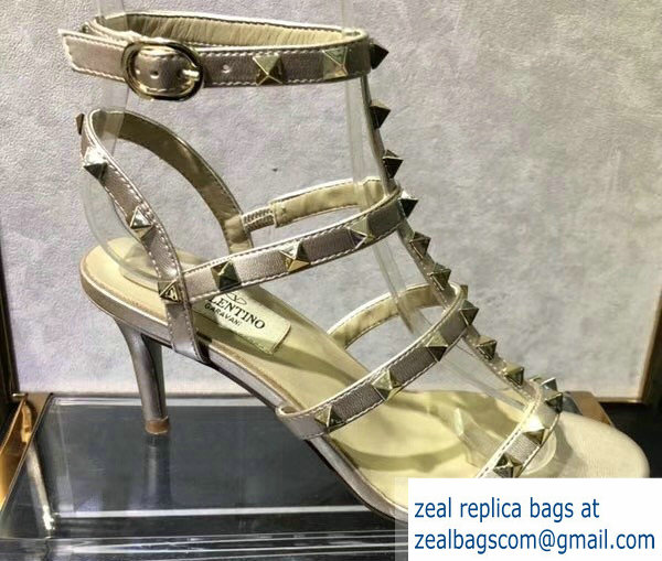 Valentino Heel 6.5cm Cage Rockstud Sandals Metallic Light Gold 2019 - Click Image to Close