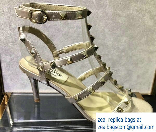 Valentino Heel 6.5cm Cage Rockstud Sandals Metallic Light Gold 2019