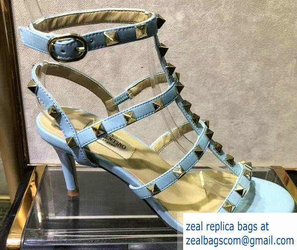 Valentino Heel 6.5cm Cage Rockstud Sandals Sky Blue 2019