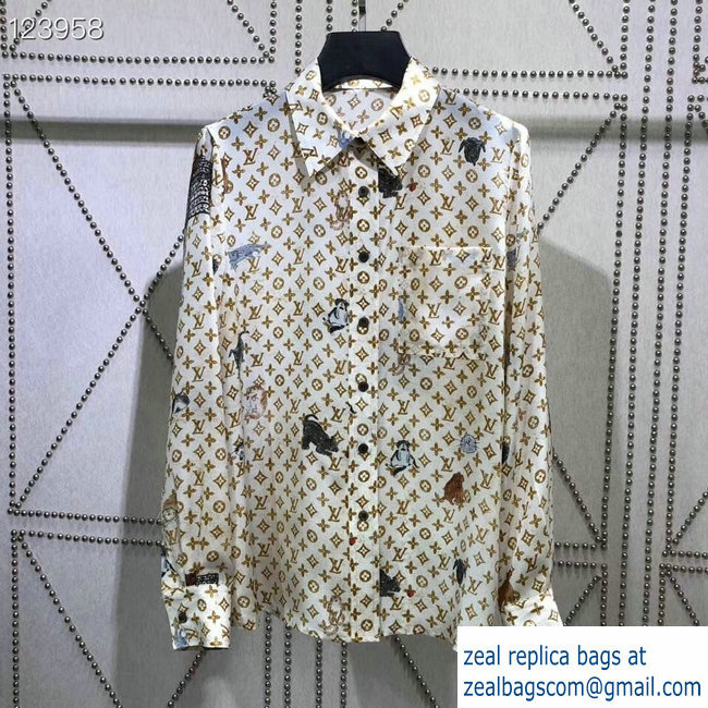 louis vuitton spring 2019 motif-printed-longsleeve-shirt white - Click Image to Close