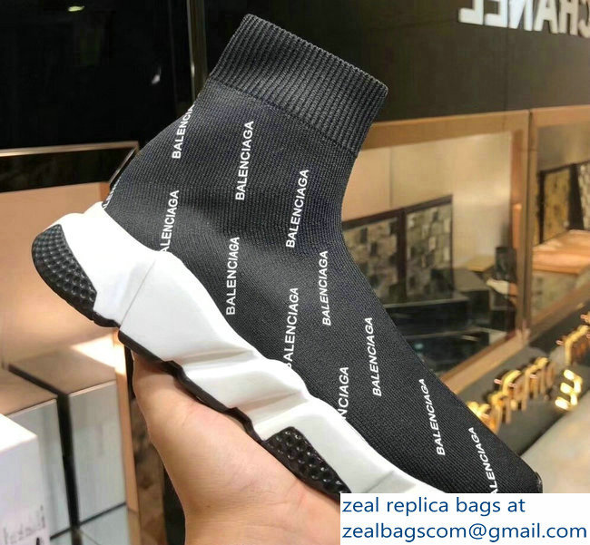 Balenciaga Knit Sock Speed Trainers Sneakers All Over Logo Black 2019 - Click Image to Close