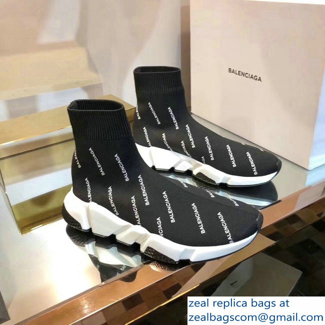 Balenciaga Knit Sock Speed Trainers Sneakers All Over Logo Black 2019 - Click Image to Close