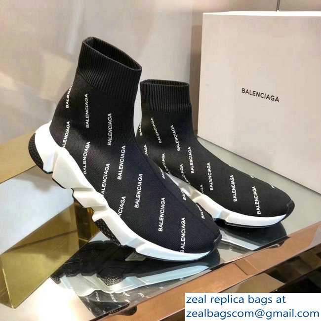 Balenciaga Knit Sock Speed Trainers Sneakers All Over Logo Black 2019 - Click Image to Close