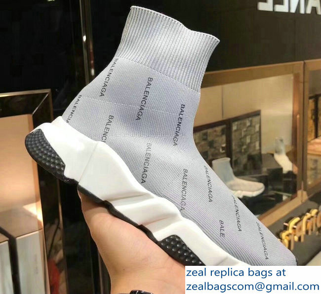 Balenciaga Knit Sock Speed Trainers Sneakers All Over Logo Gray 2019