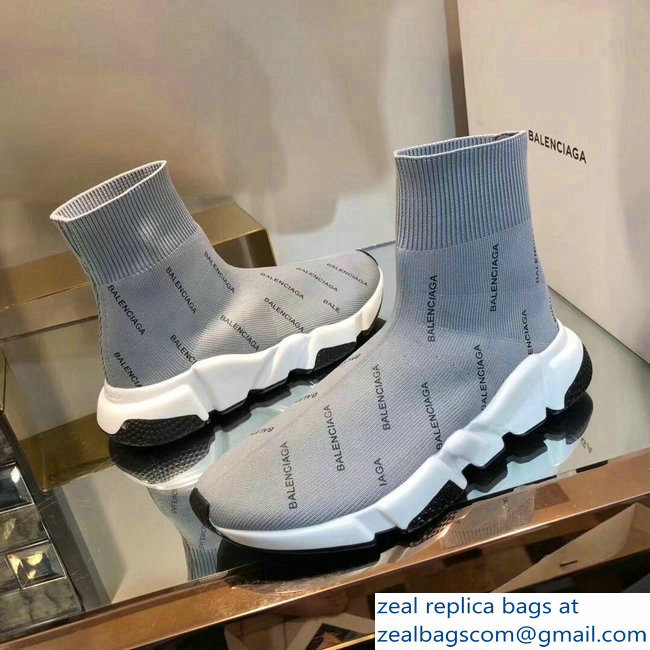 Balenciaga Knit Sock Speed Trainers Sneakers All Over Logo Gray 2019 - Click Image to Close