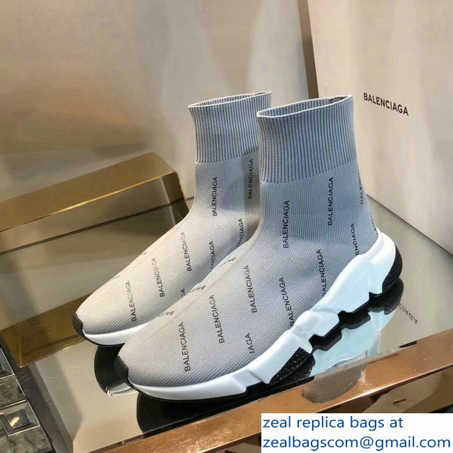 Balenciaga Knit Sock Speed Trainers Sneakers All Over Logo Gray 2019 - Click Image to Close