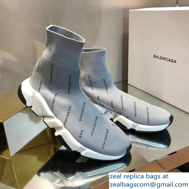 Balenciaga Knit Sock Speed Trainers Sneakers All Over Logo Gray 2019 - Click Image to Close