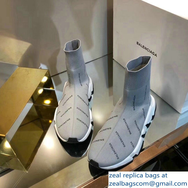 Balenciaga Knit Sock Speed Trainers Sneakers All Over Logo Gray 2019 - Click Image to Close