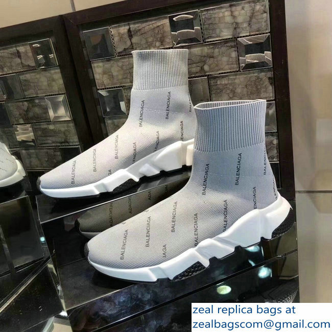 Balenciaga Knit Sock Speed Trainers Sneakers All Over Logo Gray 2019 - Click Image to Close