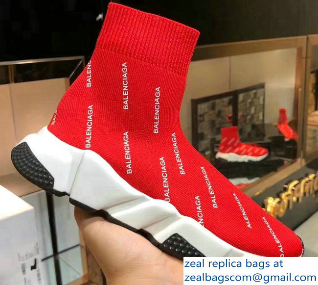 Balenciaga Knit Sock Speed Trainers Sneakers All Over Logo Red 2019 - Click Image to Close